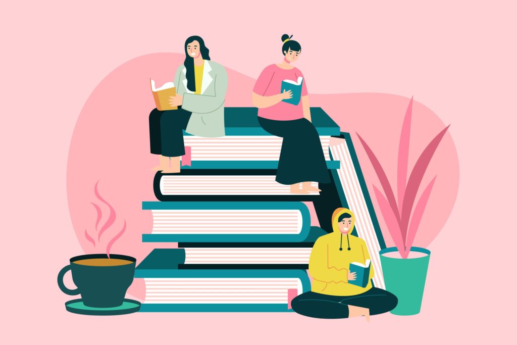 Ilustração de duas mulheres lendo livros, sentadas em cima de uma pilha de livros. No chão encontra-se um homem sentado ao lado da pilha de livros também lendo. O tema é língua portuguesa para concurso público.