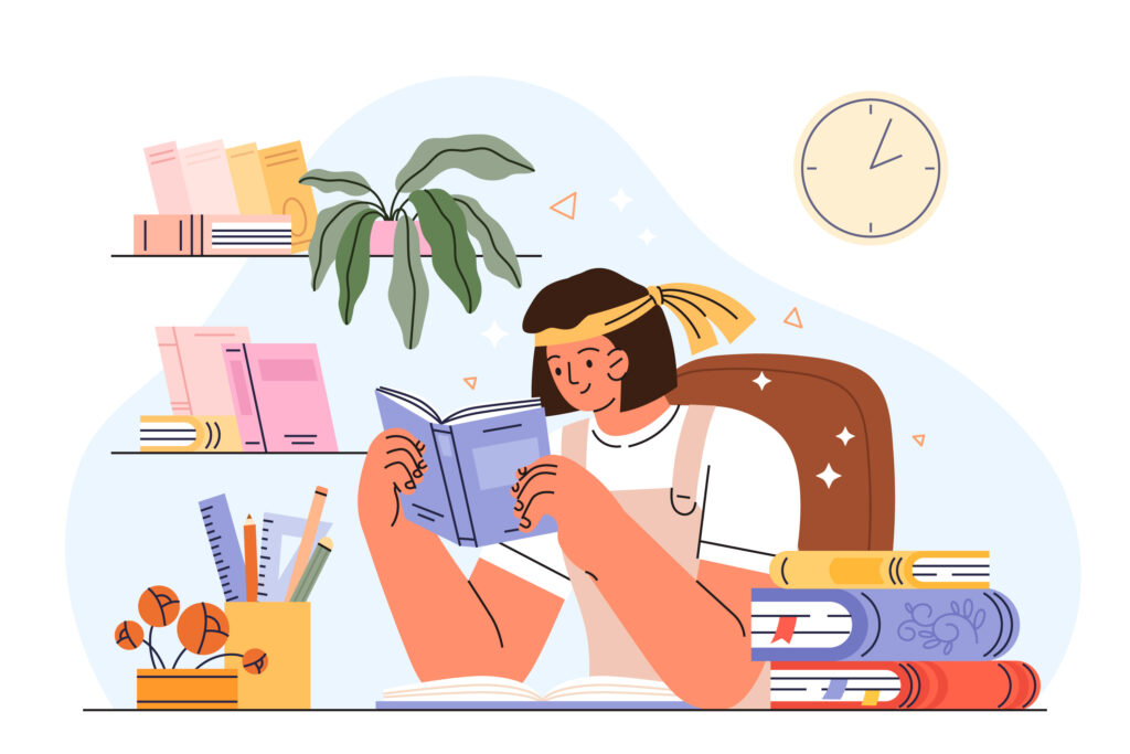 Ilustração de uma mulher lendo um livro, com capa roxa. O tema é língua portuguesa para concurso público. 