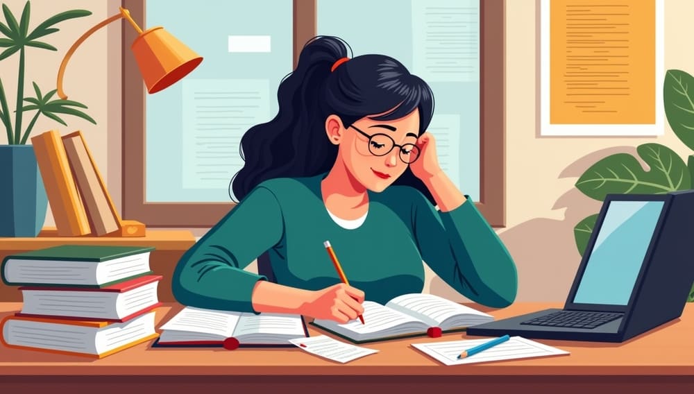 prova-linguagens-para-enem Prova de Linguagens do Enem. Ilustração colorida em estilo flat ou semi-realista de um estudante concentrado em uma mesa de estudos, com livros de gramática, literatura e língua estrangeira abertos.